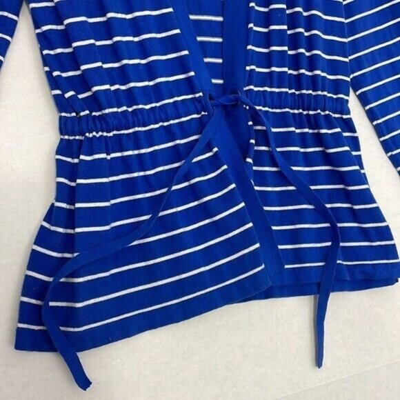 Jones New York Cardigan Sweater, Open Front with Drawstring, Blue and White, L - Picture 4 of 10